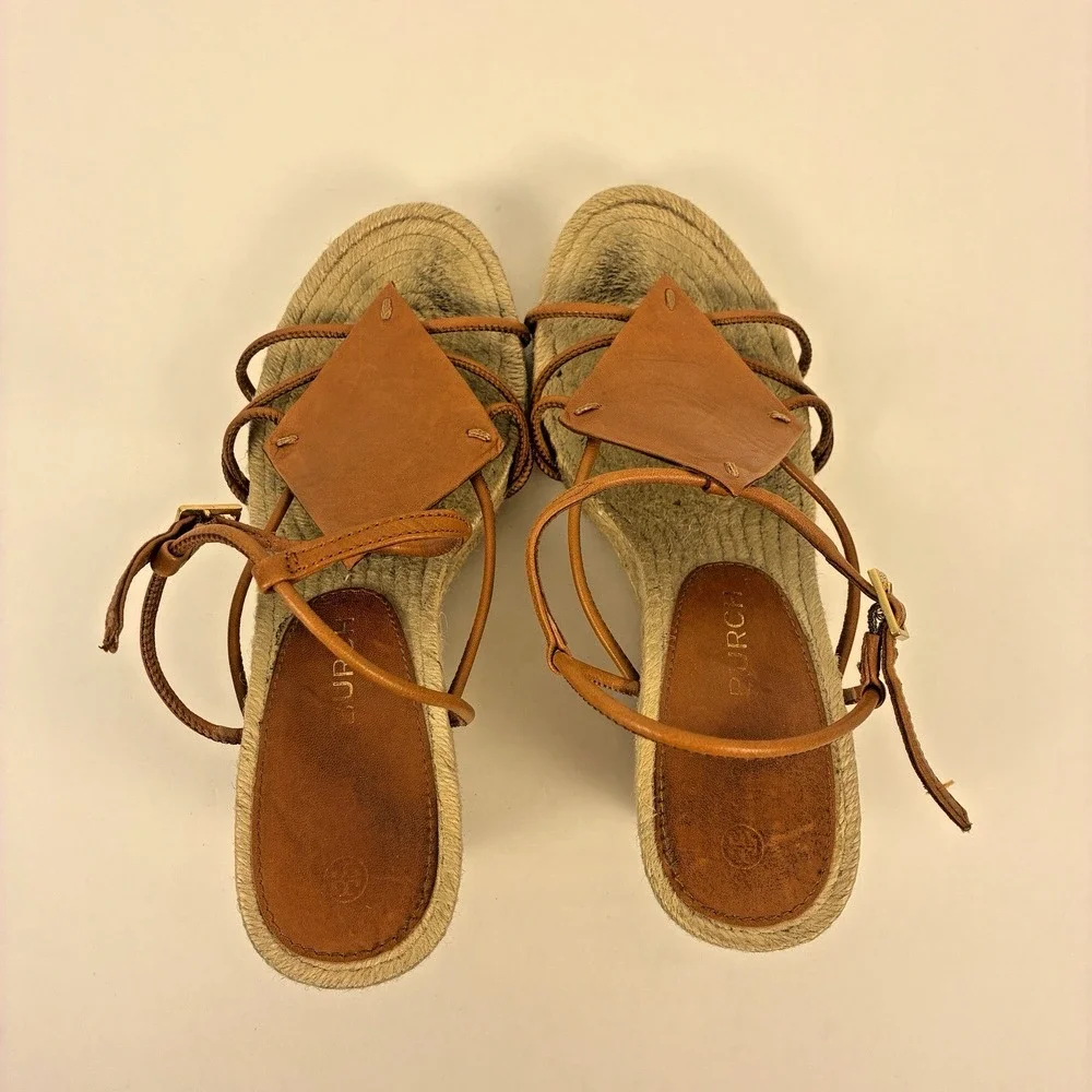 Tory Burch Brown Diamond Patch Espadrille Wedge Strappy Sandal Women's Size 7